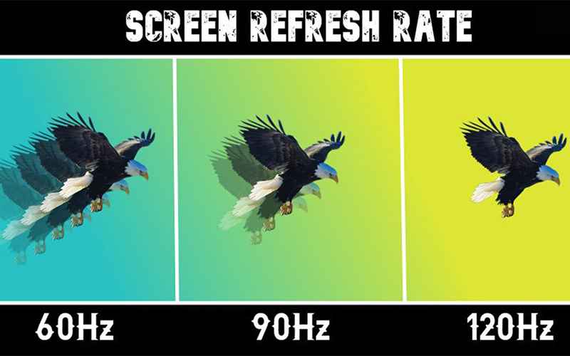 سه تصویر از عقاب با کیفیت‌های مختلف در حال نمایش است که نشان‌دهنده نرخ تازه‌ سازی نمایشگر ۶۰، ۹۰ و ۱۲۰ هرتز است.