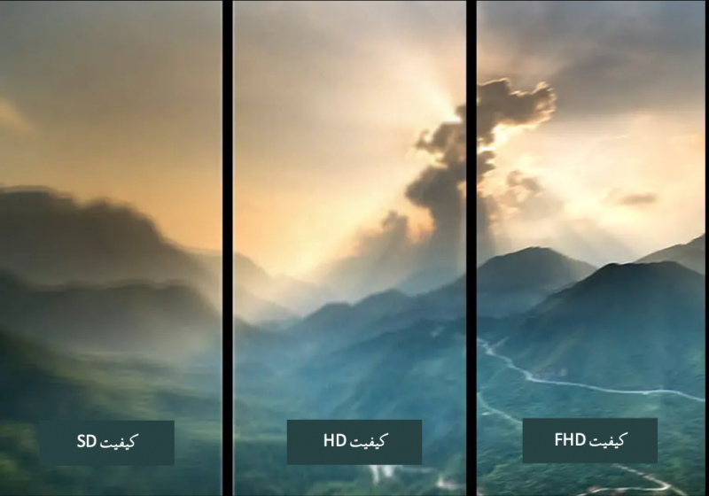 تفاوت تصویری از طبیعت در سه کیفیت فول اچ دی، اچ دی و اس دی (از سمت راست به چپ)