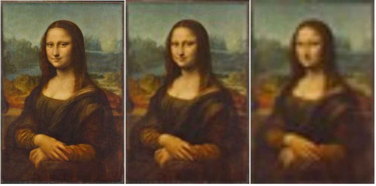تصویر نقاشی مونالیزا با سه رزولوشن متفاوت عکاسی شده است.